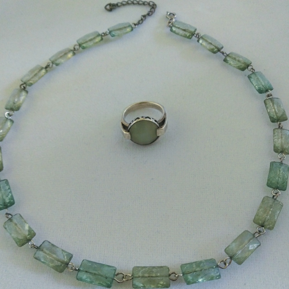 Vintage Mint Green necklace, Prehnite Silver ring